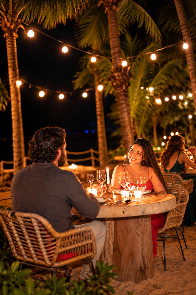 Pareja brindando en cena romántica de ALMA, Ritmos de la Noche – Premier en Puerto Vallarta