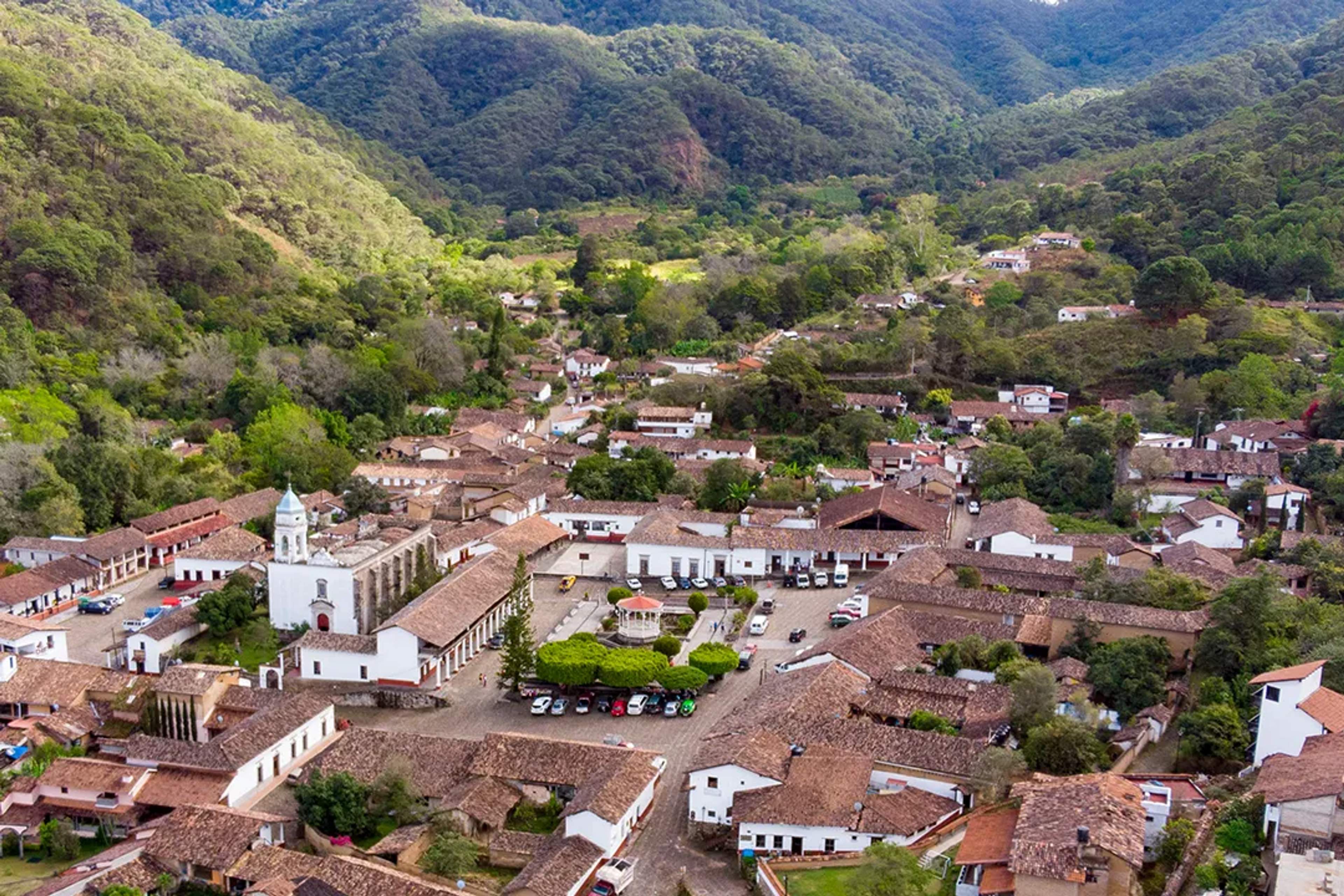 Aerial view of San Sebastián del Oeste, a charming colonial mountain town near Puerto Vallarta, Mexico