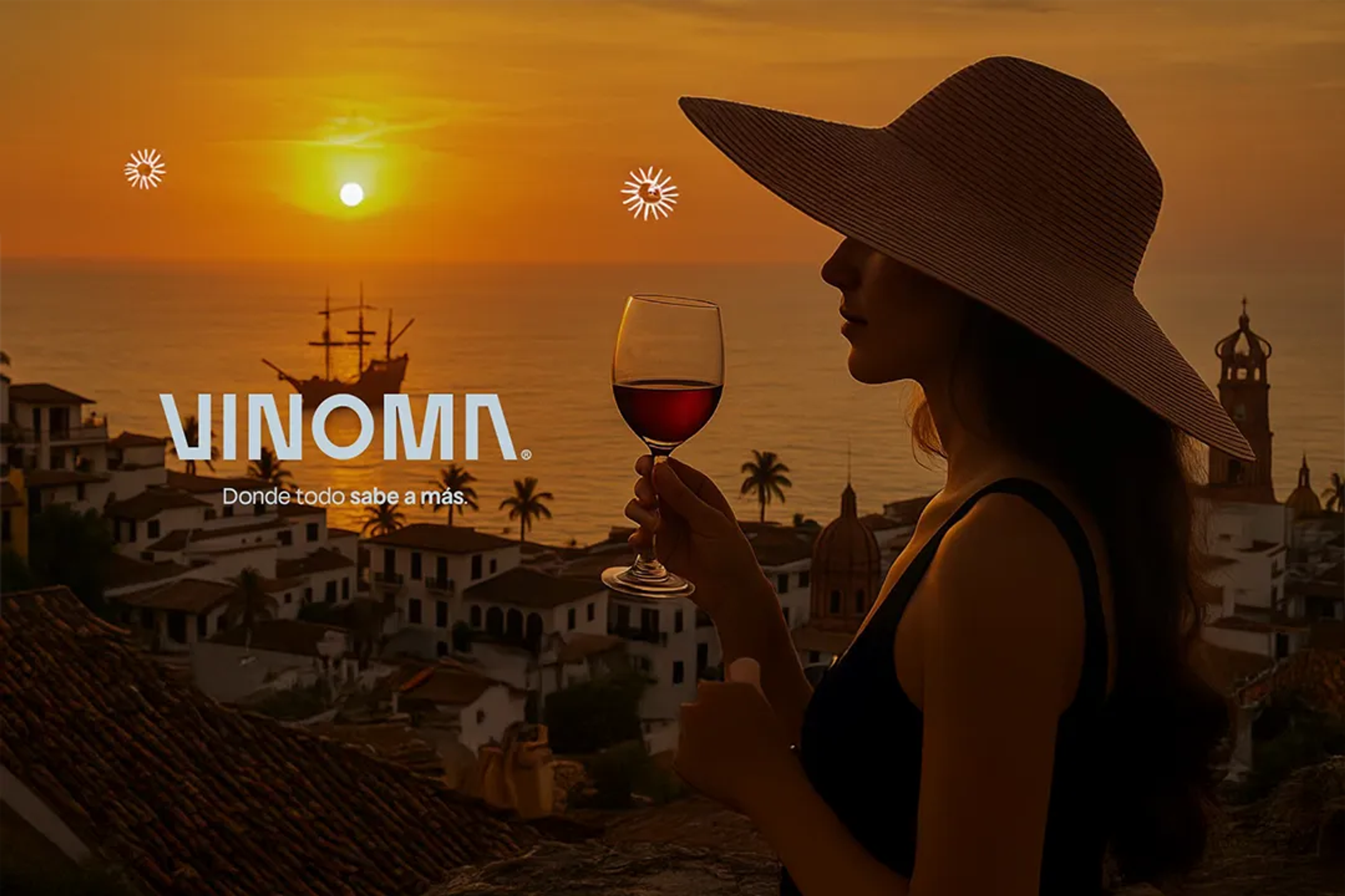 Mujer disfruta vino al atardecer en Vallarta, con vista al mar, tejados y barco pirata.