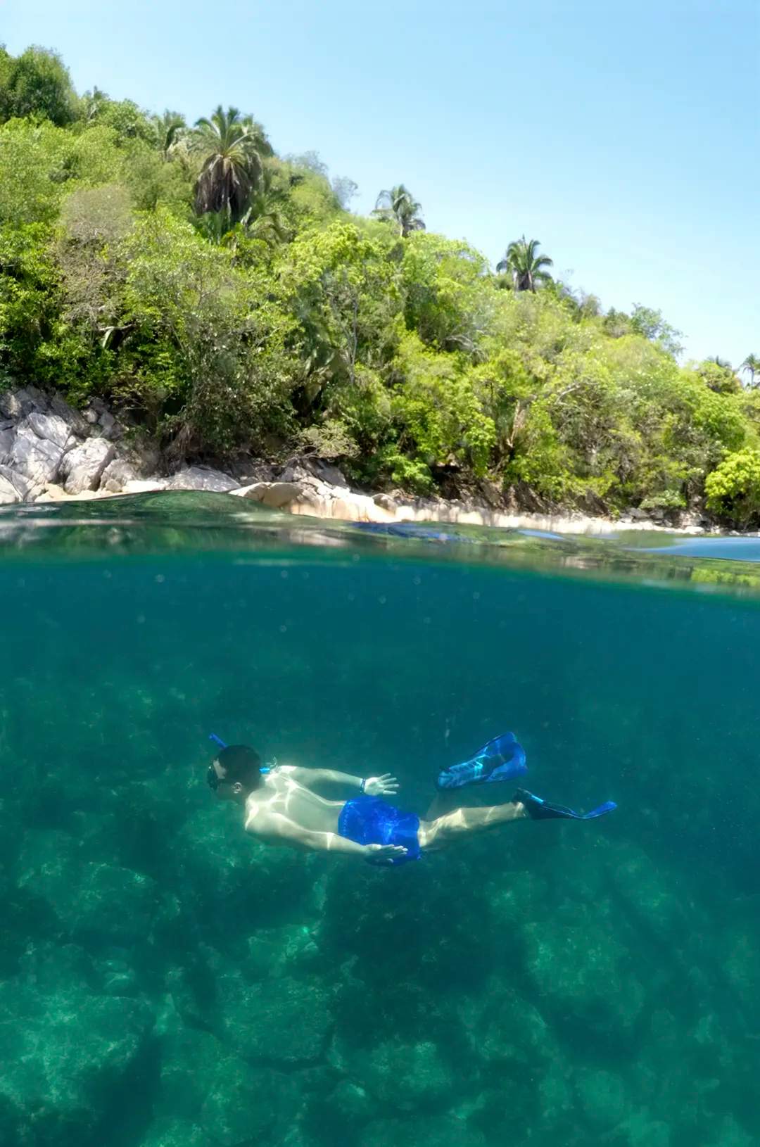 Viajero haciendo snorkel cerca de Yelapa y Majahuitas en un divertido tour de ecoturismo con Vallarta Adventures.