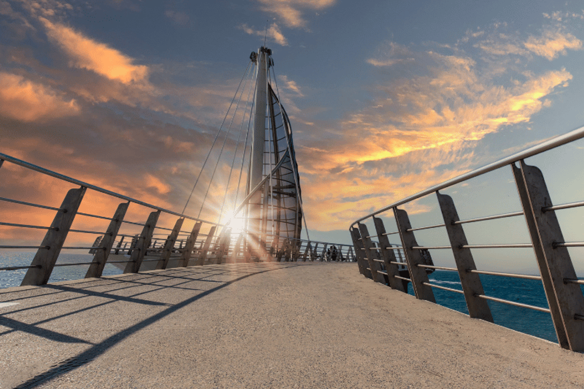 A scenic view of the pier at Playa de Los Muertos in Puerto Vallarta, with the sun setting behind the modern sail-shaped structure. The sky is filled with vibrant orange and pink clouds, and the ocean is visible on either side of the pier.