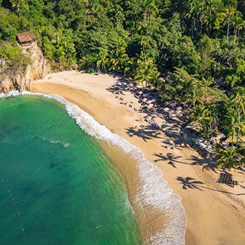 An aerial view of Las Caletas Beach Hideaway, featuring a secluded beach with golden sand and clear green water, surrounded by lush tropical vegetation and palm trees.