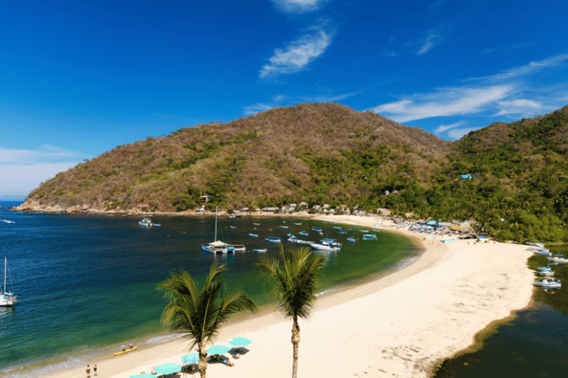 A scenic view of a beach with golden sand, clear blue water, and a backdrop of green hills. Several boats are anchored near the shore, and palm trees line the beach.