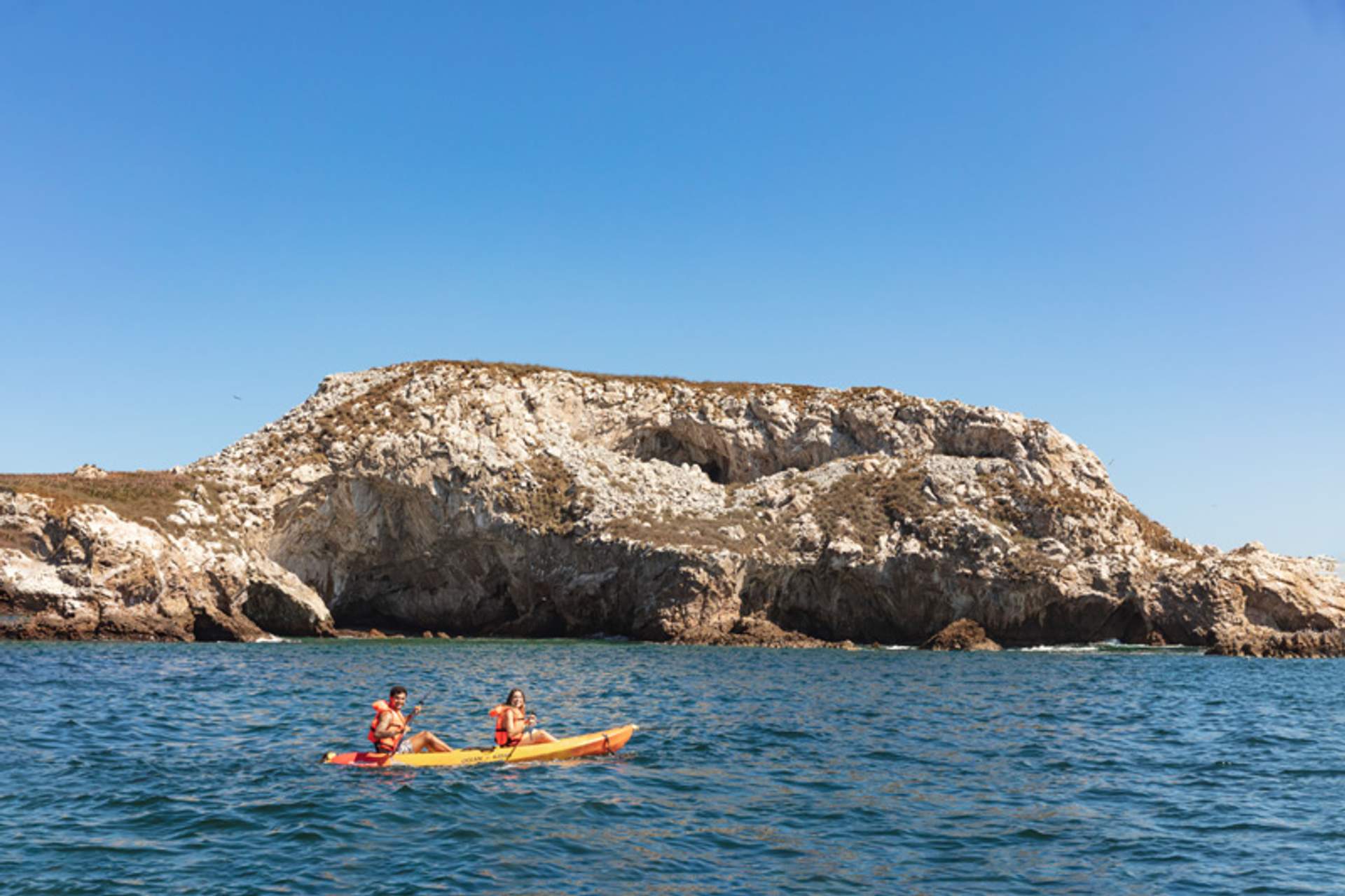 Dos personas en kayak cerca de una isla rocosa con aves en el cielo azul claro.