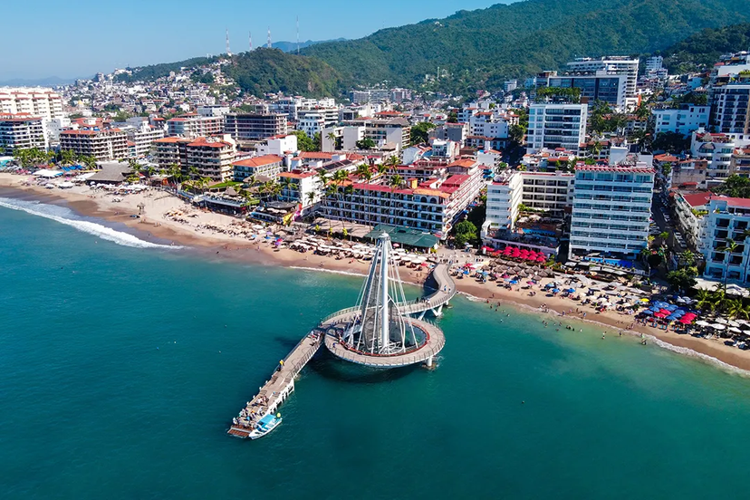 Aerial view of Playa de Los Muertos pier and beach in Puerto Vallarta