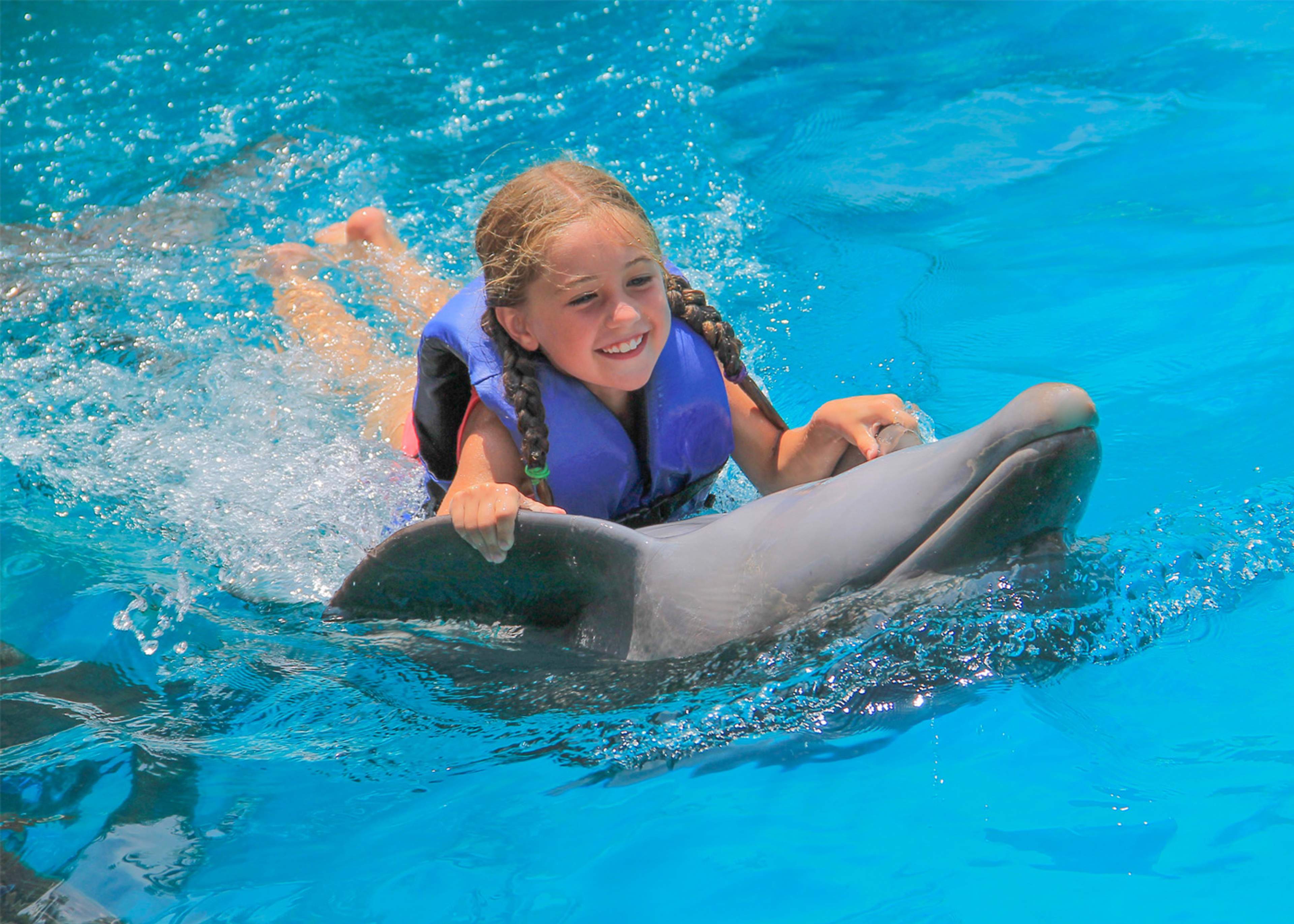 A young girl joyfully rides a dolphin during a family vacation in Puerto Vallarta, creating unforgettable memories.