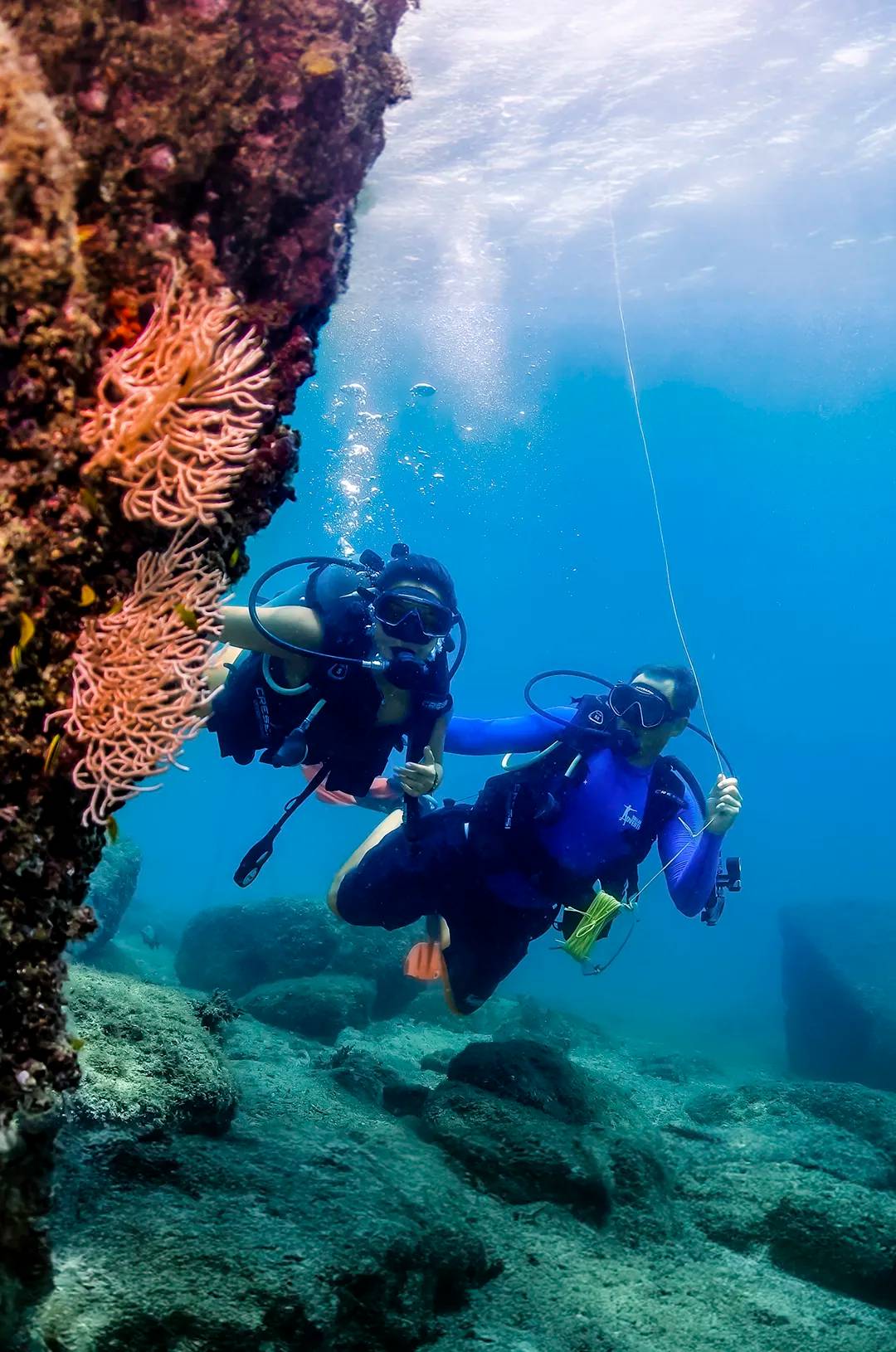 Un instructor PADI lleva a un estudiante a descubrir el buceo en Puerto Vallarta.