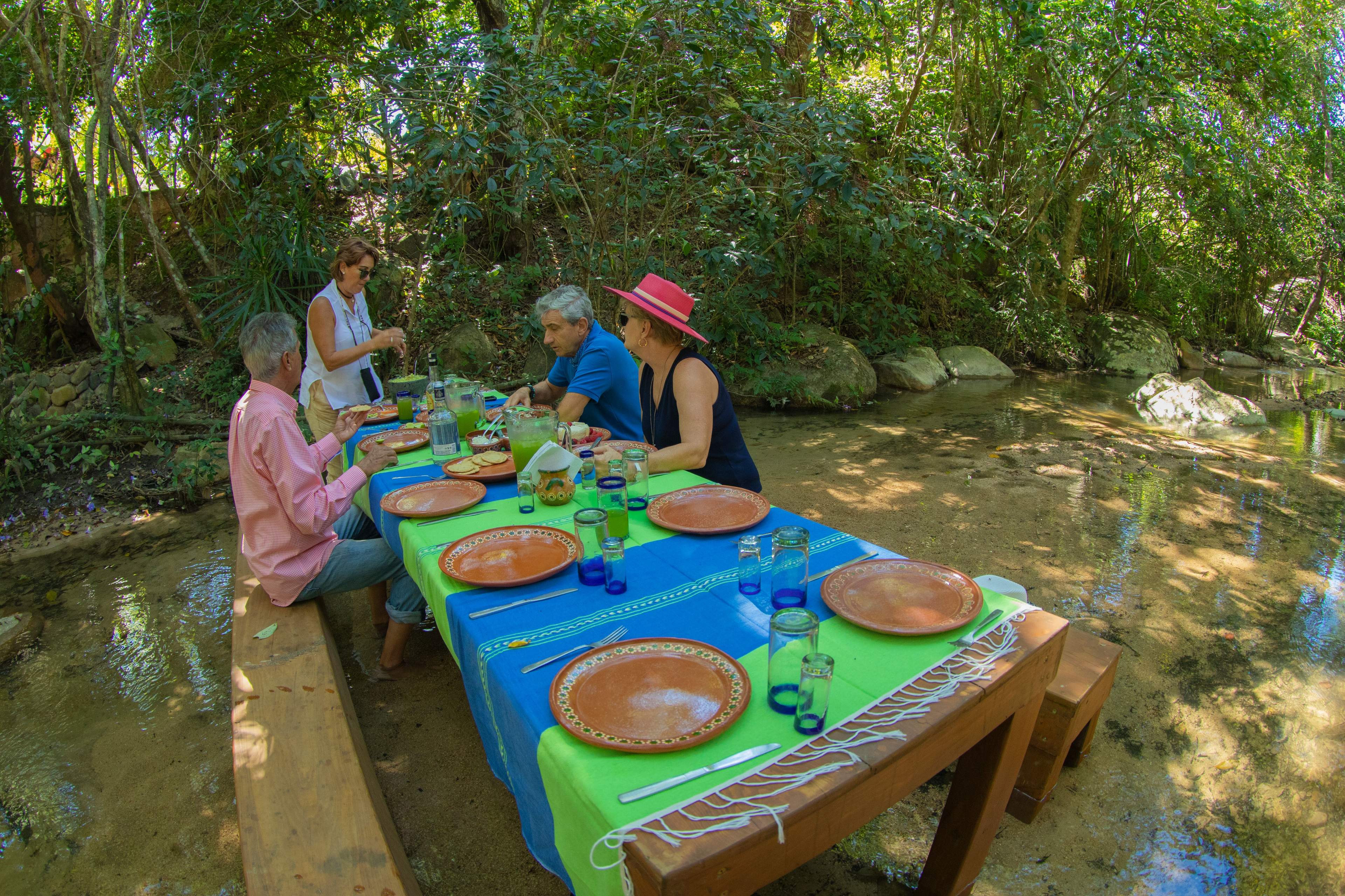 A group of people seated at a long table set with plates and glasses, enjoying a meal outdoors by a stream, surrounded by lush greenery.