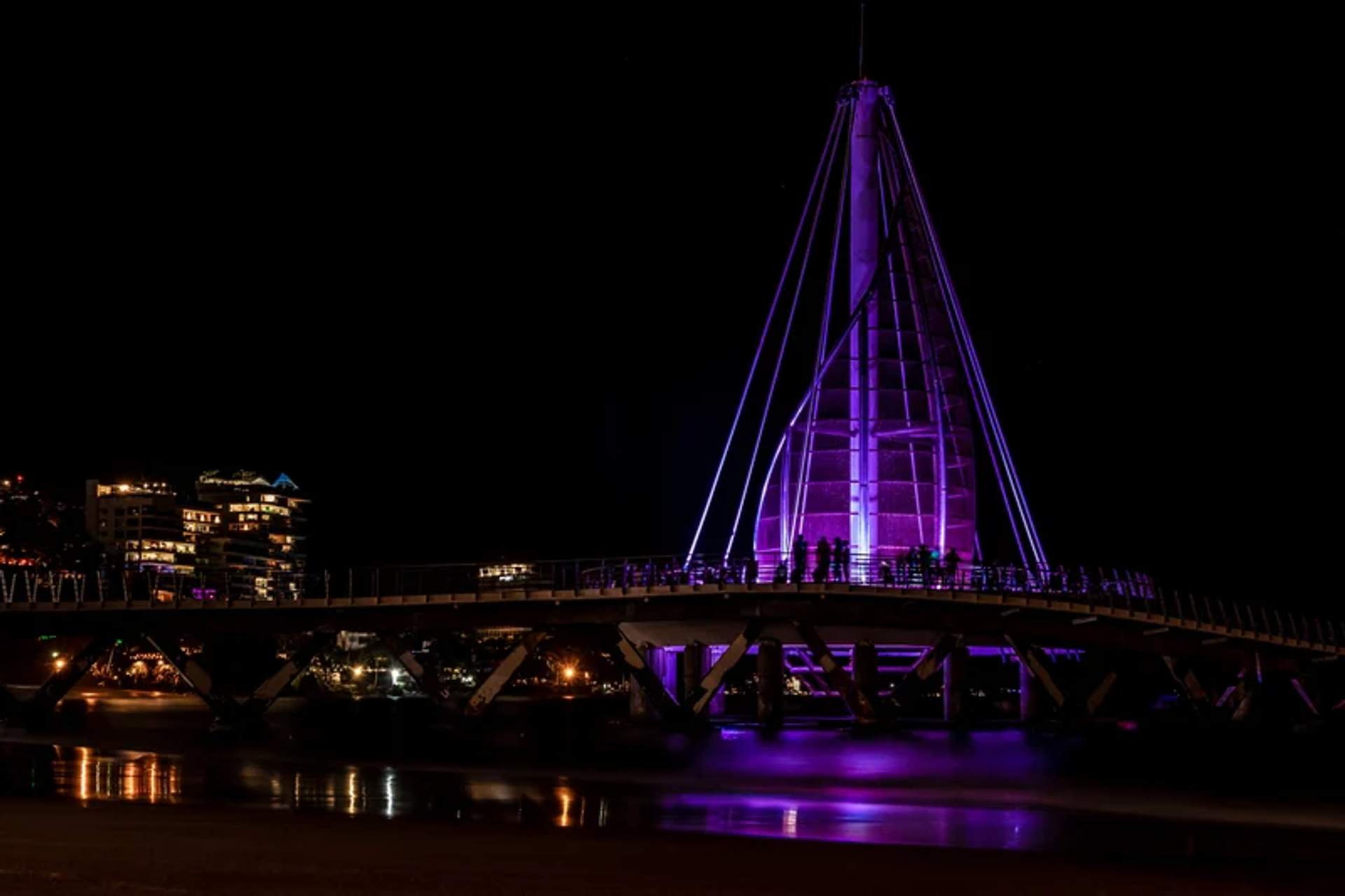 The Playa de los Muertos pier in Puerto Vallarta, illuminated at night with vibrant purple lights, creating a striking scene.