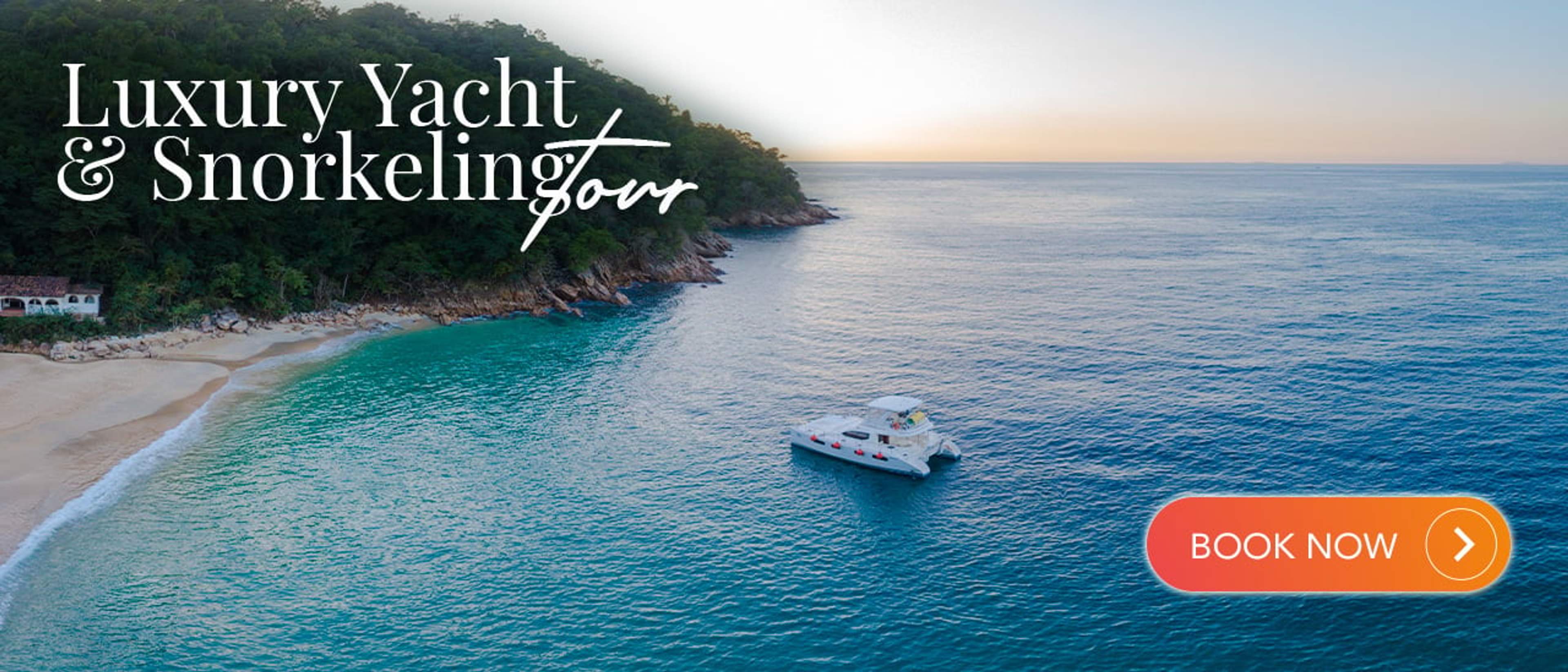 Luxury yacht anchored near a secluded beach with turquoise waters in Puerto Vallarta, Mexico. Text reads "Luxury Yacht & Snorkeling Tour."