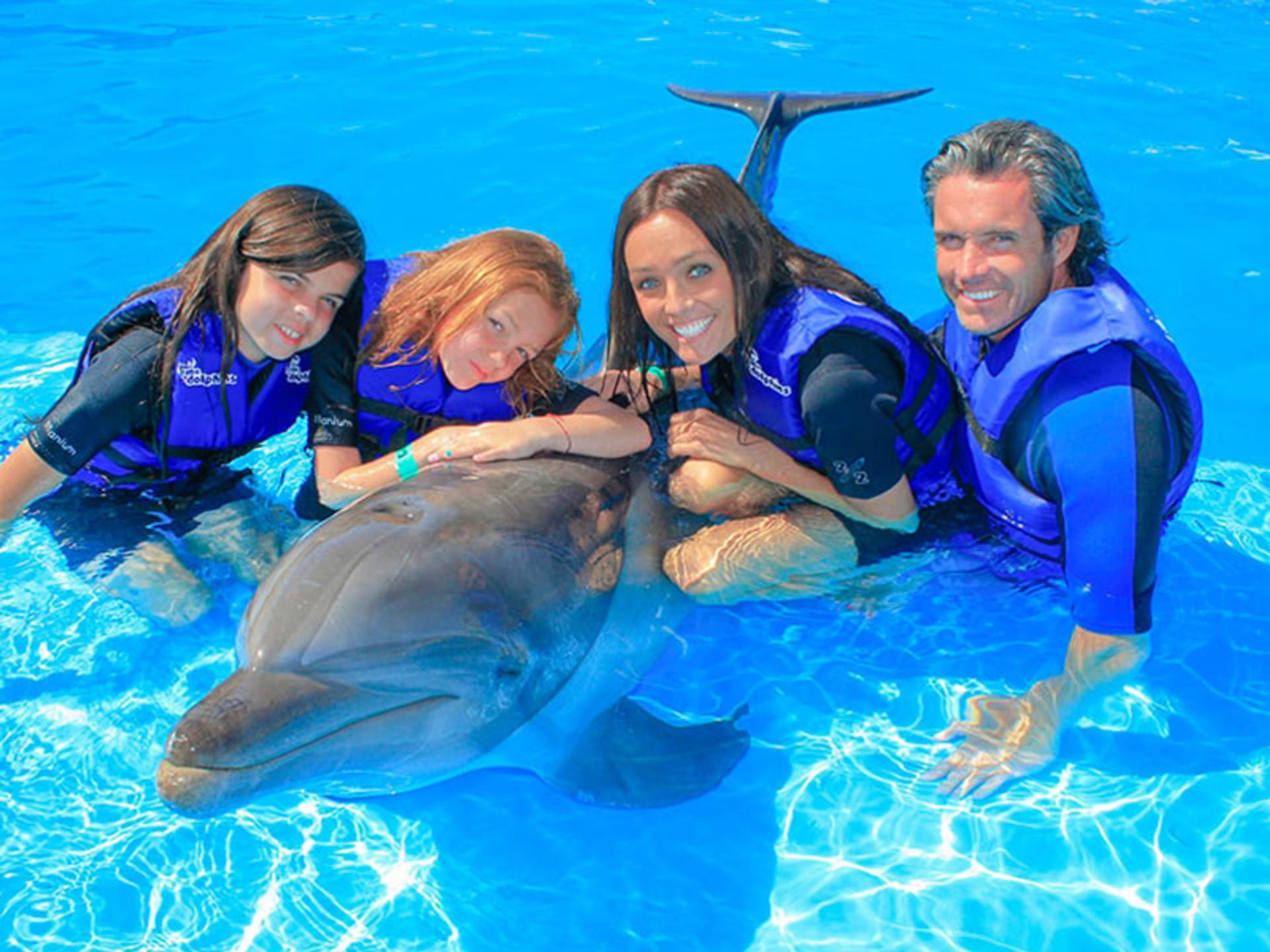 Una familia con chalecos salvavidas está en una piscina acariciando a un delfín, todos sonriendo y disfrutando del momento.
