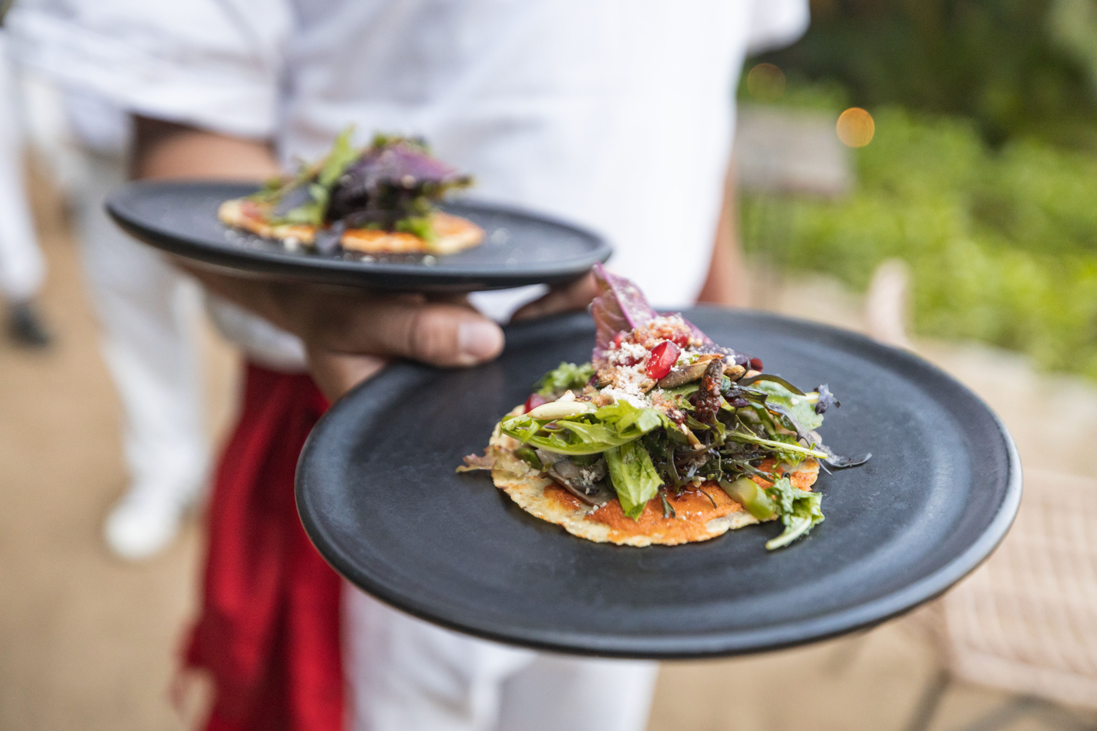 A waiter carrying two plates of gourmet salad on black dishes, with fresh greens and colorful garnishes.