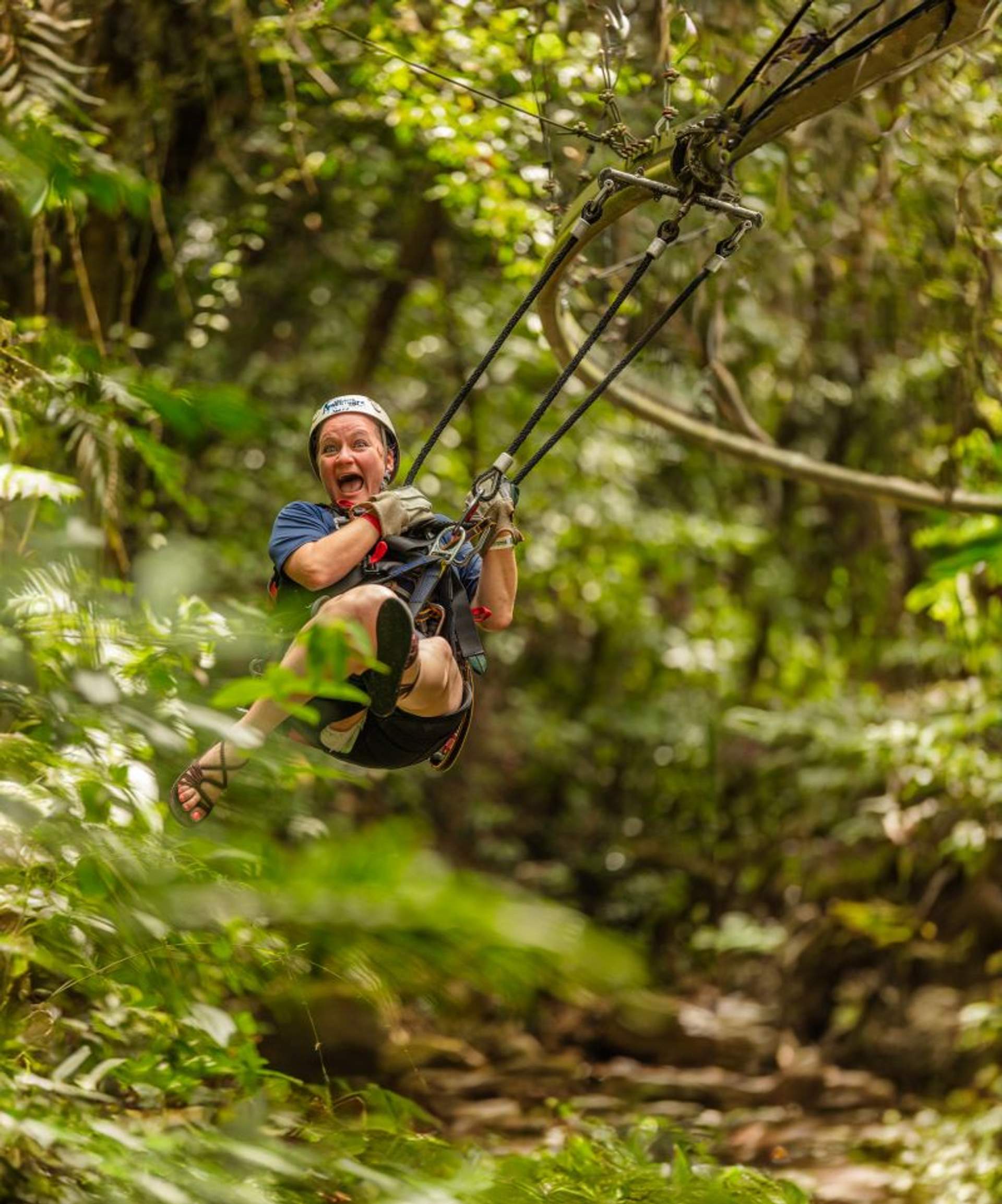 Persona disfrutando de una tirolesa en medio de la selva tropical, rodeada de vegetación exuberante y frondosa.