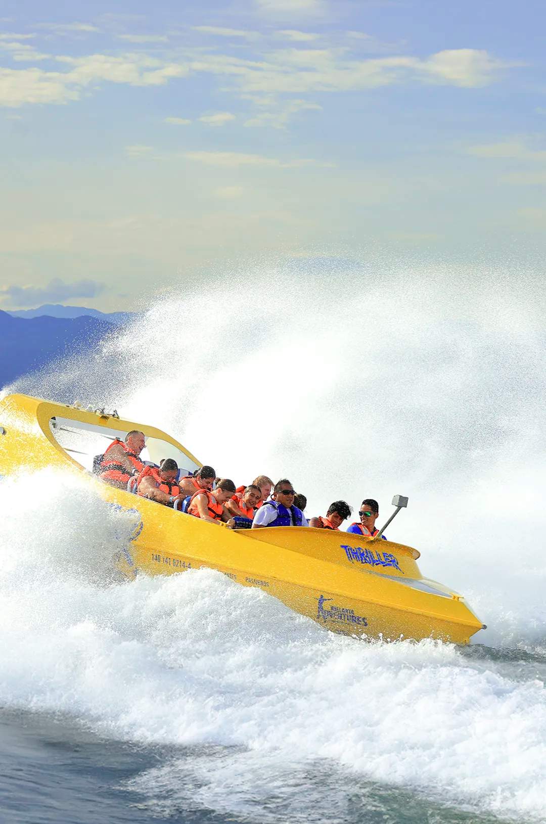 OceanMania waterpark's "Thriller" jet boat ride speeding through waves.