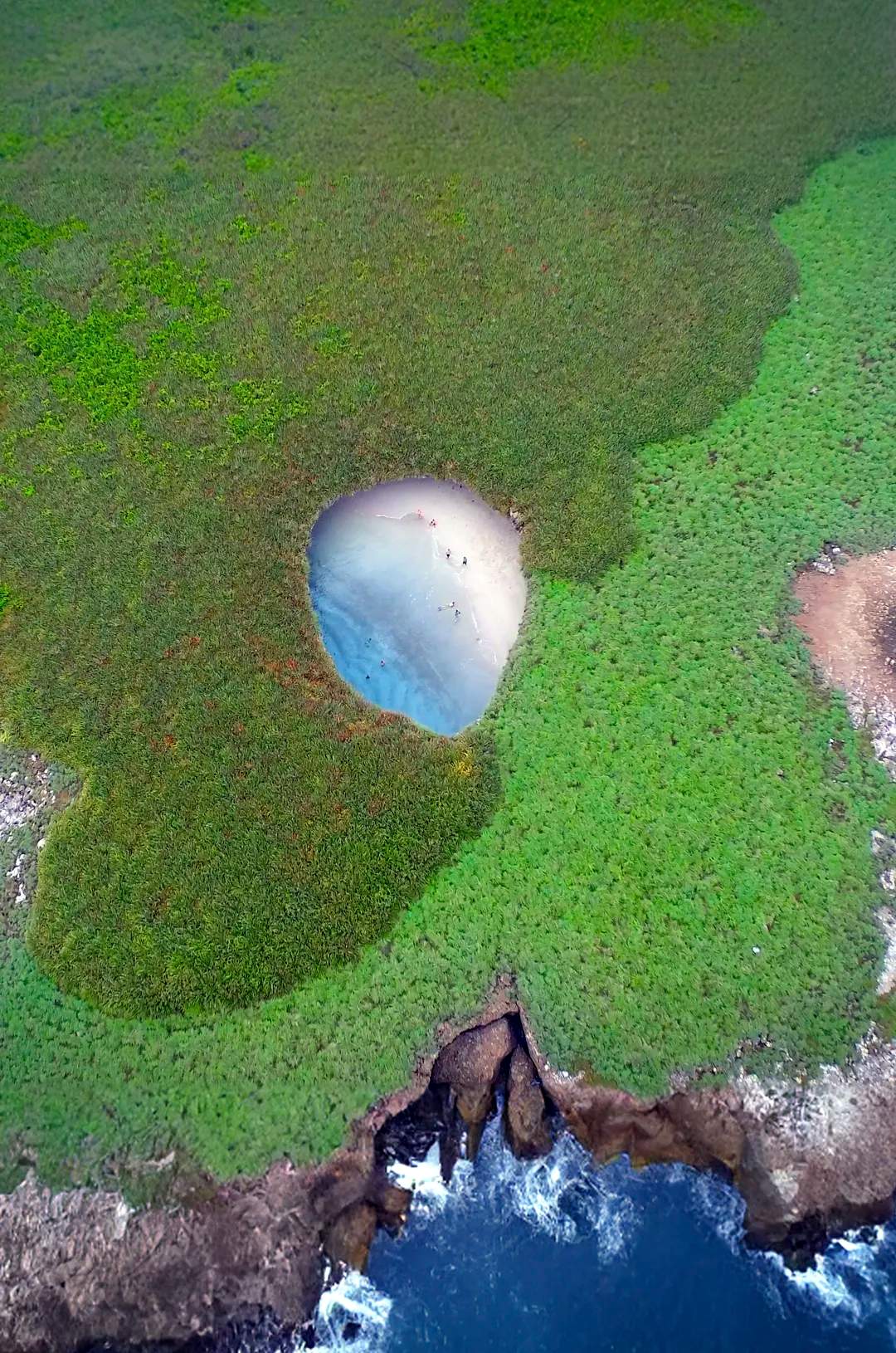 Vista aérea de Playa Escondida en las Islas Marietas, rodeada de vegetación exuberante y acantilados rocosos.