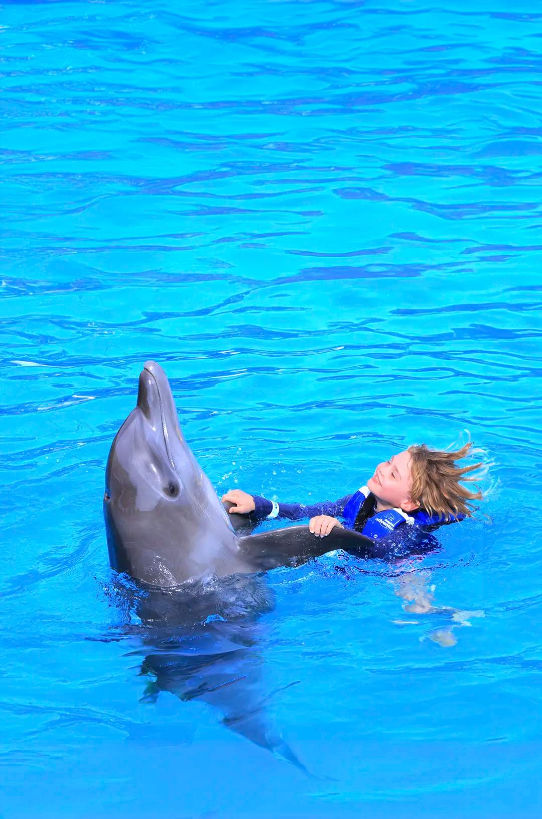 Niño jugando con delfines en Puerto Vallarta.