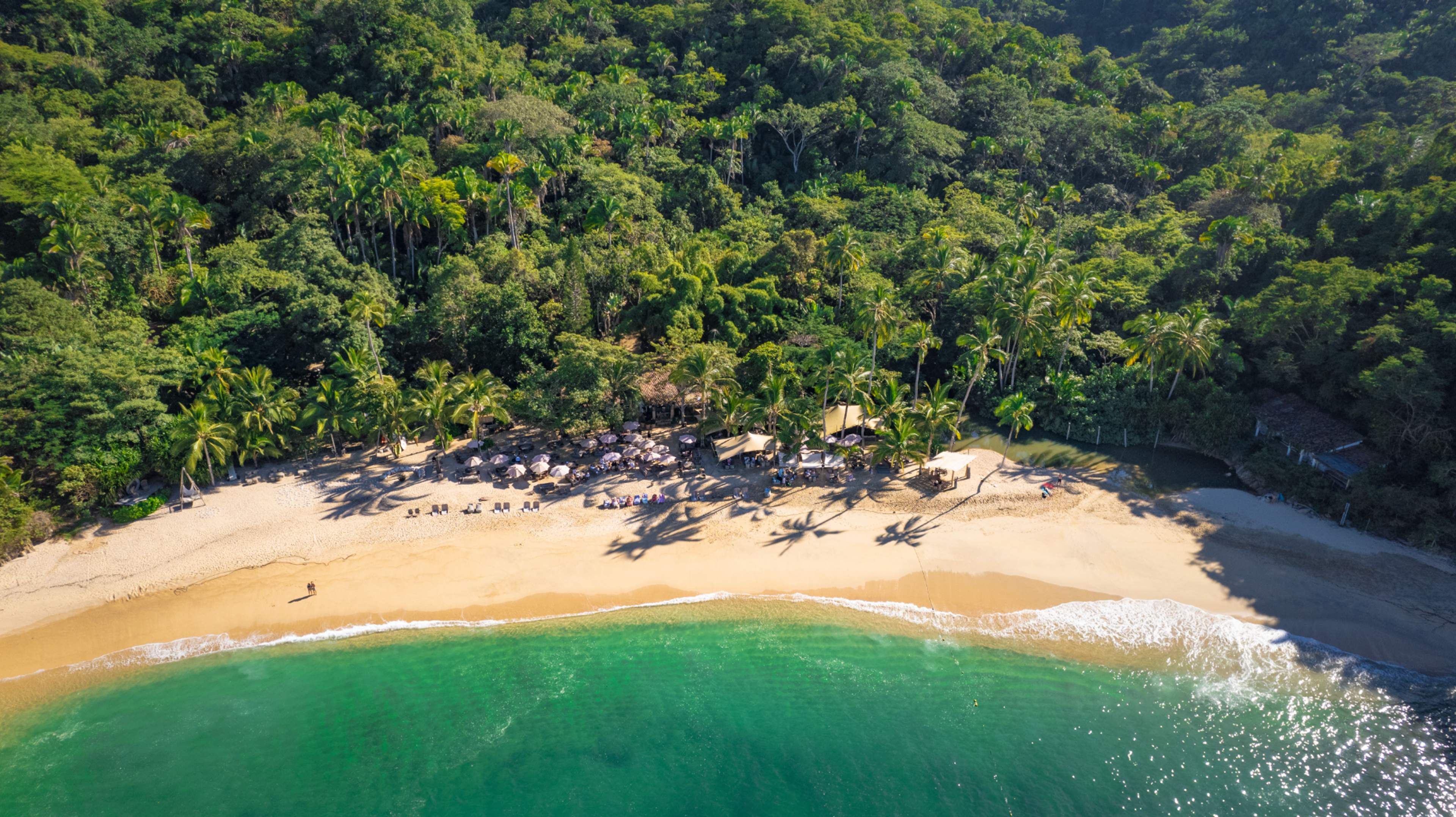 Vista aérea de una playa aislada con vegetación exuberante, palmeras y aguas turquesas en Majahuitas, Puerto Vallarta, México.