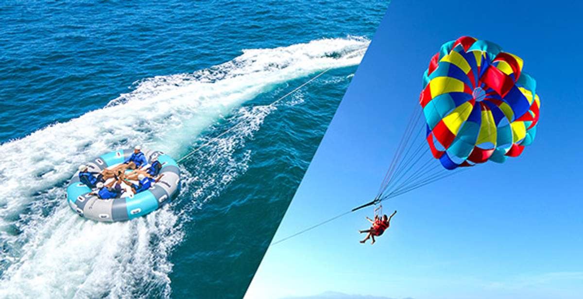 Imagen dividida: personas disfrutando de un emocionante paseo en tubo por el océano y haciendo parasailing con un colorido paracaídas bajo un cielo despejado.