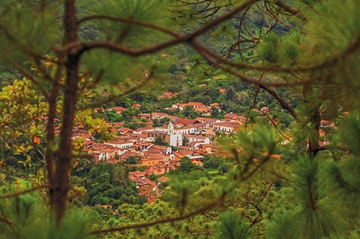 La imagen muestra un pintoresco pueblo con techos de tejas rojas, anidado entre árboles verdes y exuberantes, visto a través de un primer plano de ramas y follaje. El pueblo parece estar rodeado de un denso bosque, dándole un ambiente escondido y tranquilo.