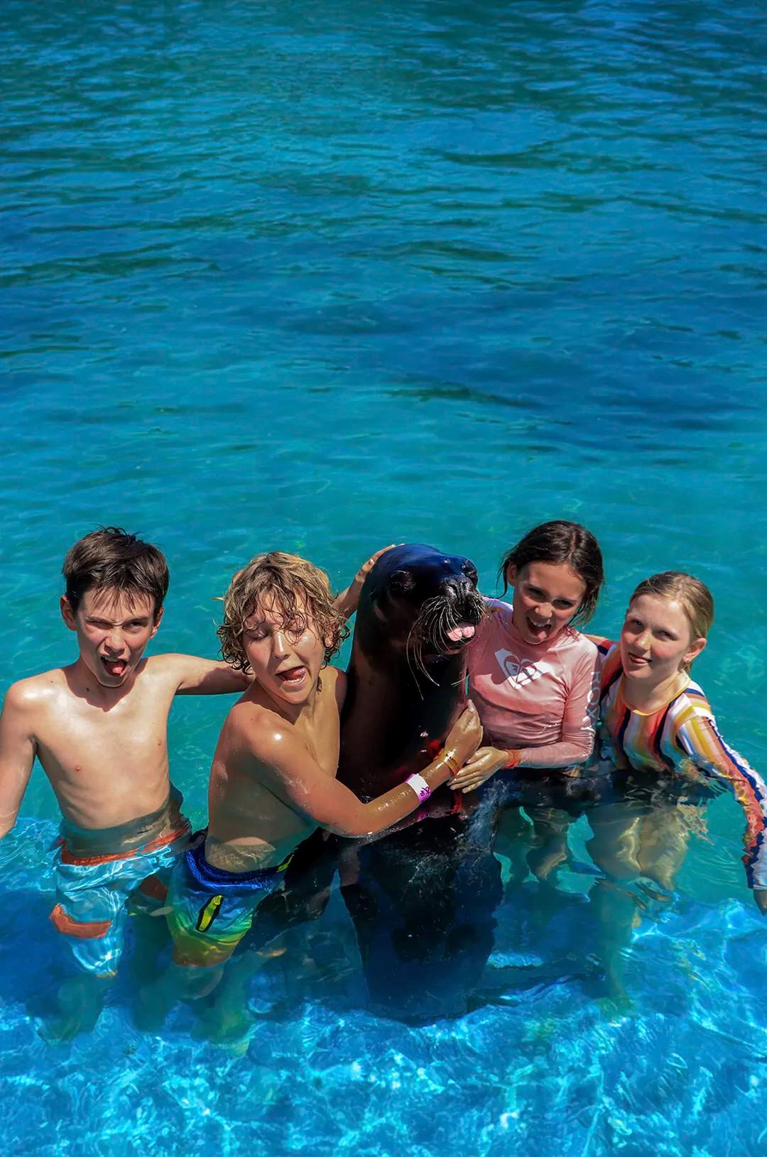 Children having fun and making quirky faces with a sea lion in Puerto Vallarta.