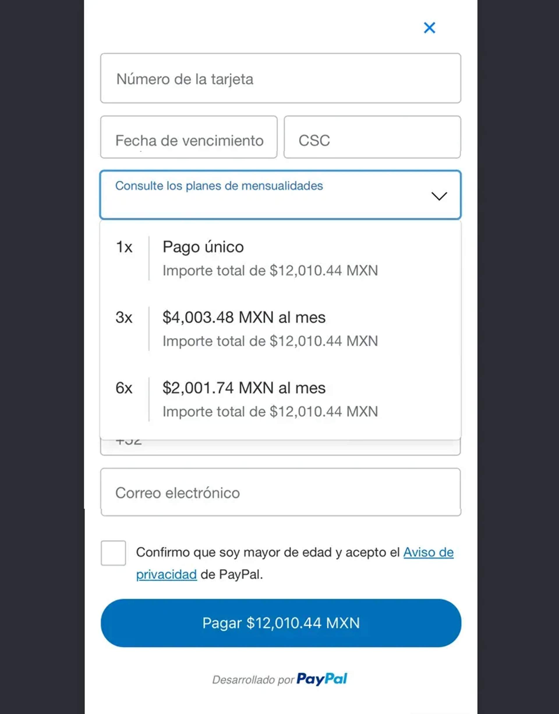 Elige el número de meses sin intereses a los que quieres pagar.