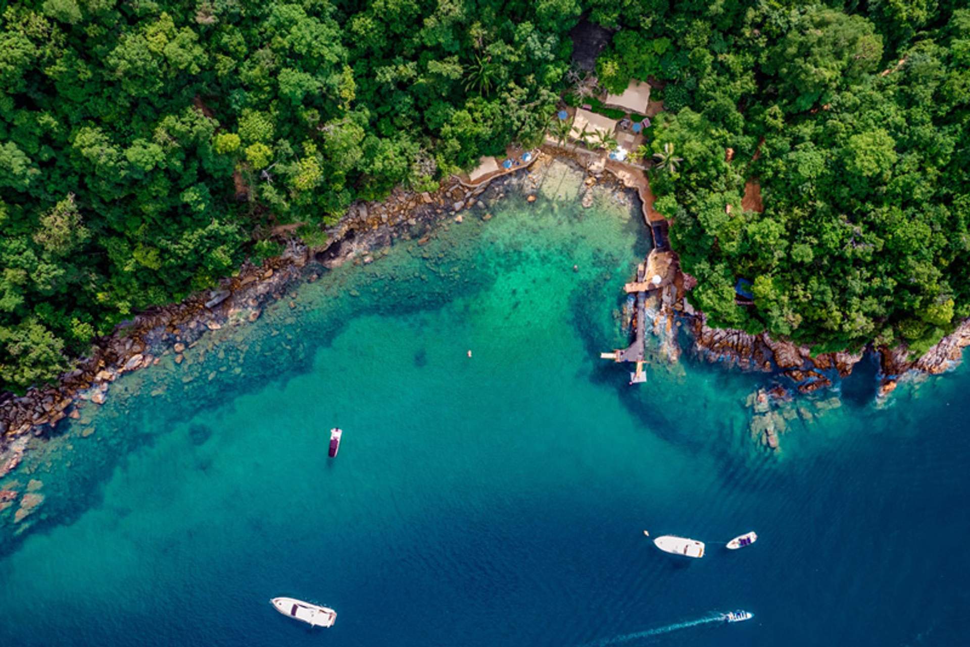 Aerial view of a lush green coastline with clear turquoise waters and several boats anchored near the shore.