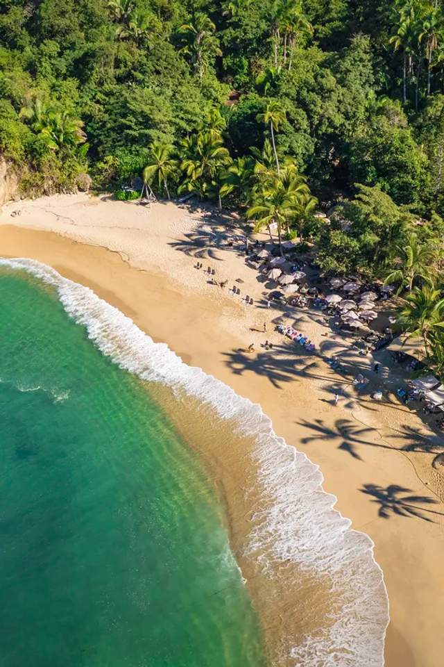 Aerial view of Majahuitas, the prettiest beach in Puerto Vallarta.