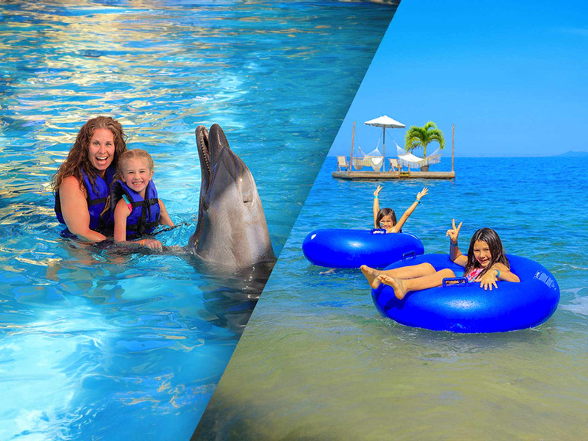 A woman and a child swimming with a dolphin on the left; two children in blue float tubes enjoying the ocean near a tropical island on the right.