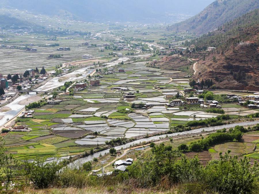 The Paro valley seen from above, with the river winding past the town through a patchwork of flooded and green rice fields. Rice terraces and farmhouses on the floor of the Paro valley Rice terraces and farmhouses on the floor of the Paro valley