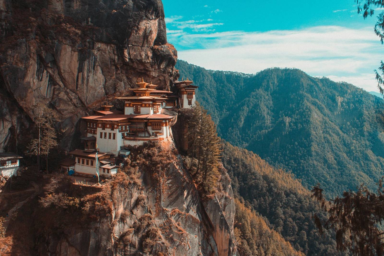 Tiger's Nest Monastery clinging to a sheer cliff above a forested valley