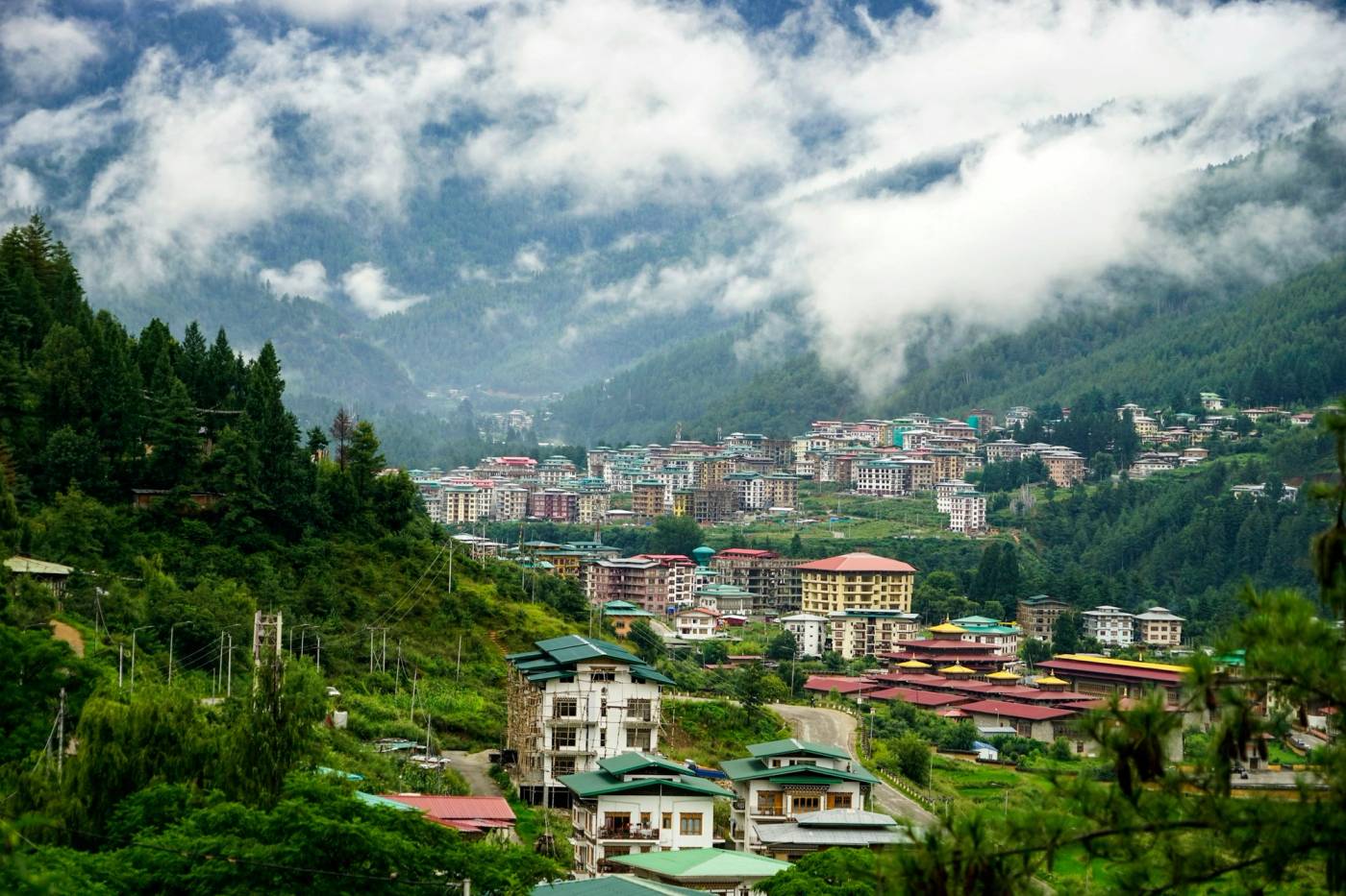 Thimphu's buildings spread up the valley below forested slopes and low cloud
