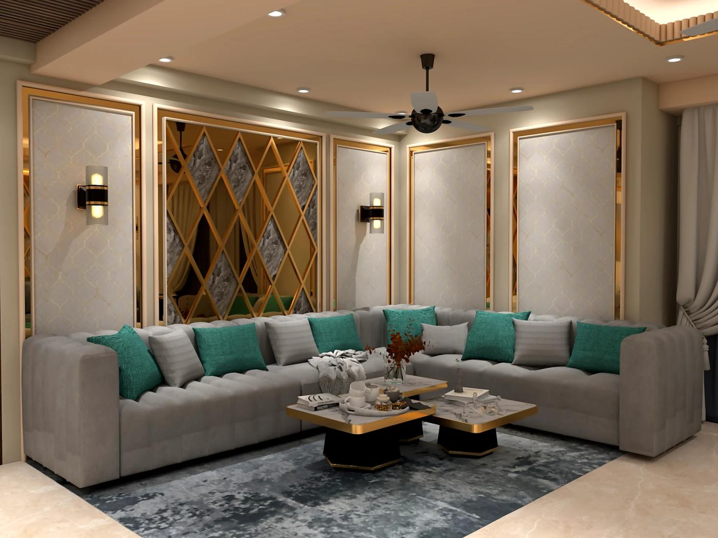 Living room with grey L-shaped sofa, teal cushions, and gold diamond lattice feature wall