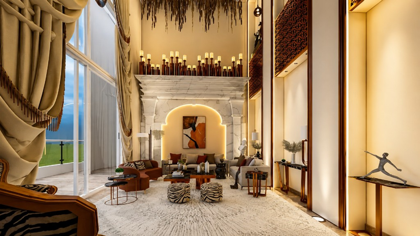 Double-height living room with marble mantel, terracotta seating, zebra ottomans, and tall cream drapes