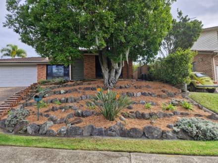 A tidy native garden bed with rocks and fresh mulch on a Sutherland Shire front-yard slope