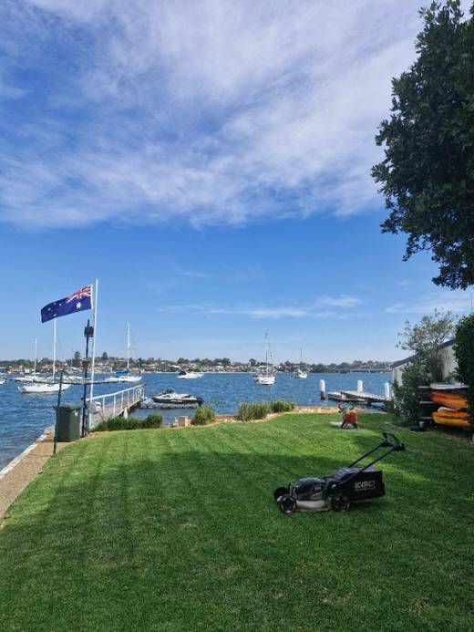A freshly mowed, striped waterfront lawn in the Sutherland Shire