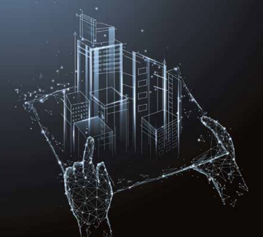 Händer som skapar en virtuell bild av en arbetsplats
