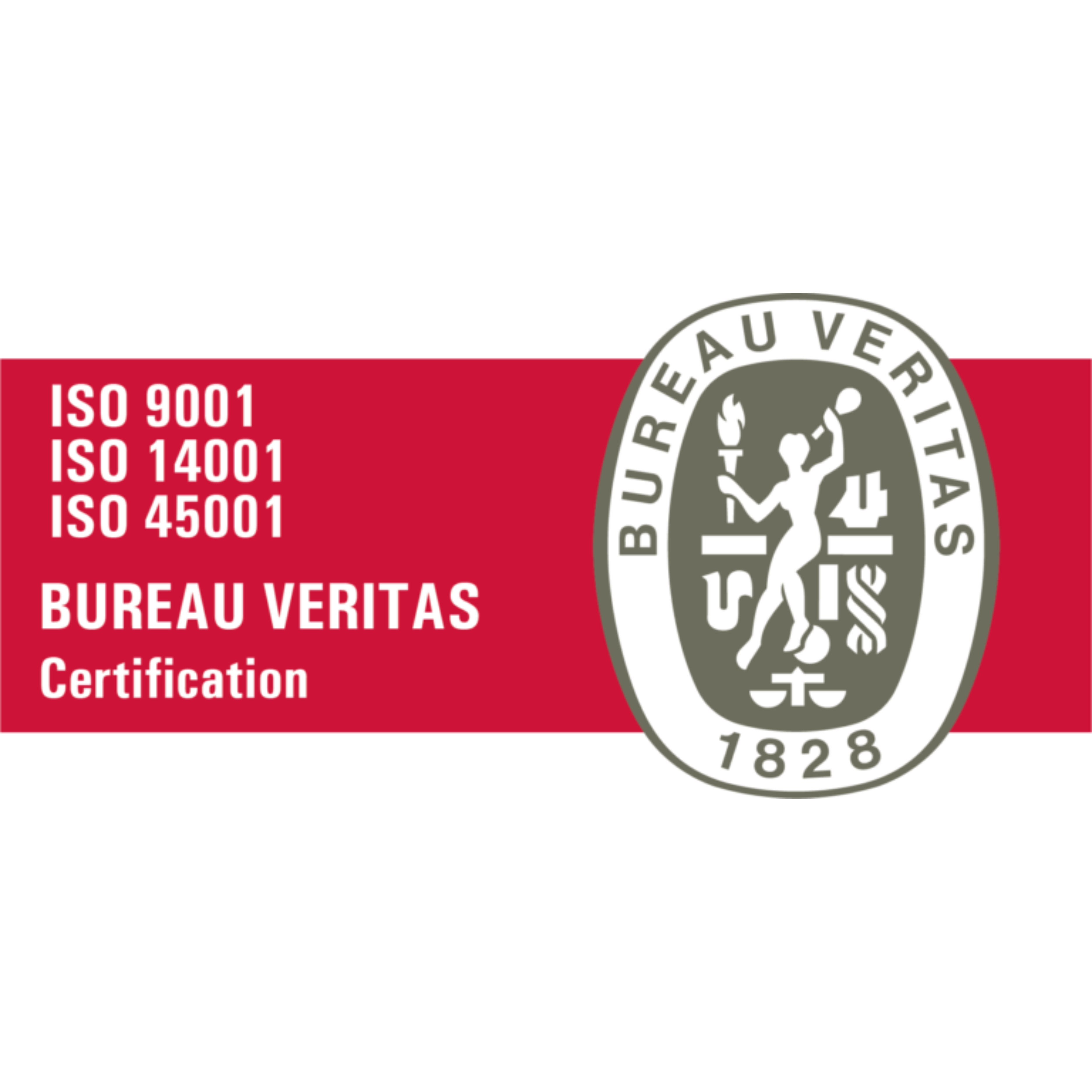 Bureau Veritas-certifiering enligt ISO 9001, ISO 14001 och ISO 45001 för kvalitet, miljö och arbetsmiljö.