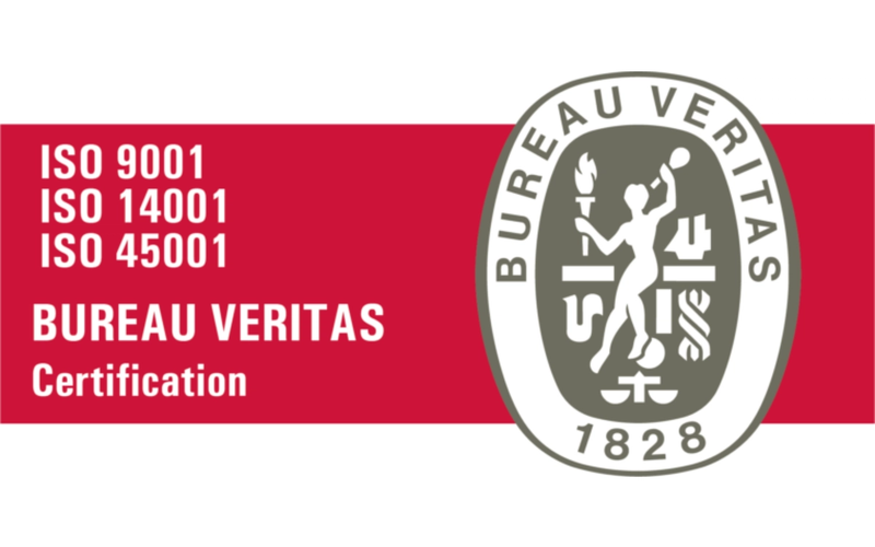 Bureau Veritas-certifiering enligt ISO 9001, ISO 14001 och ISO 45001 för kvalitet, miljö och arbetsmiljö.