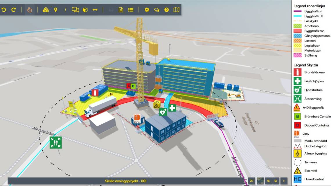 Gränssnitt i planeringsverktyget SitePlanner som visar en 3D-visualisering av en byggarbetsplats med byggkran, logistikzoner och säkerhetsskyltar.