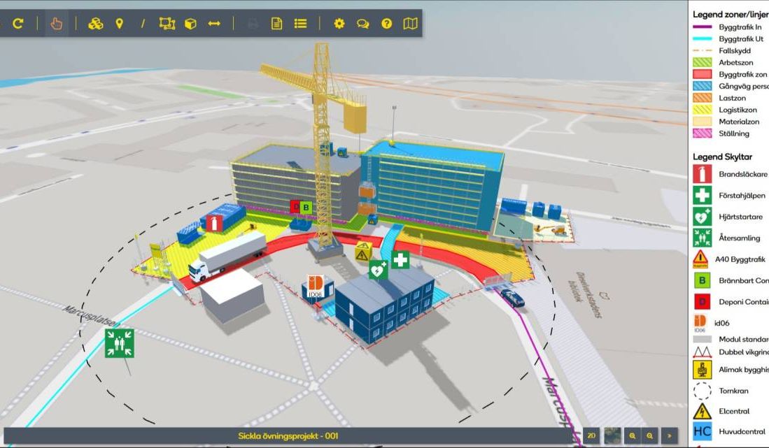 Gränssnitt i planeringsverktyget SitePlanner som visar en 3D-visualisering av en byggarbetsplats med byggkran, logistikzoner och säkerhetsskyltar.