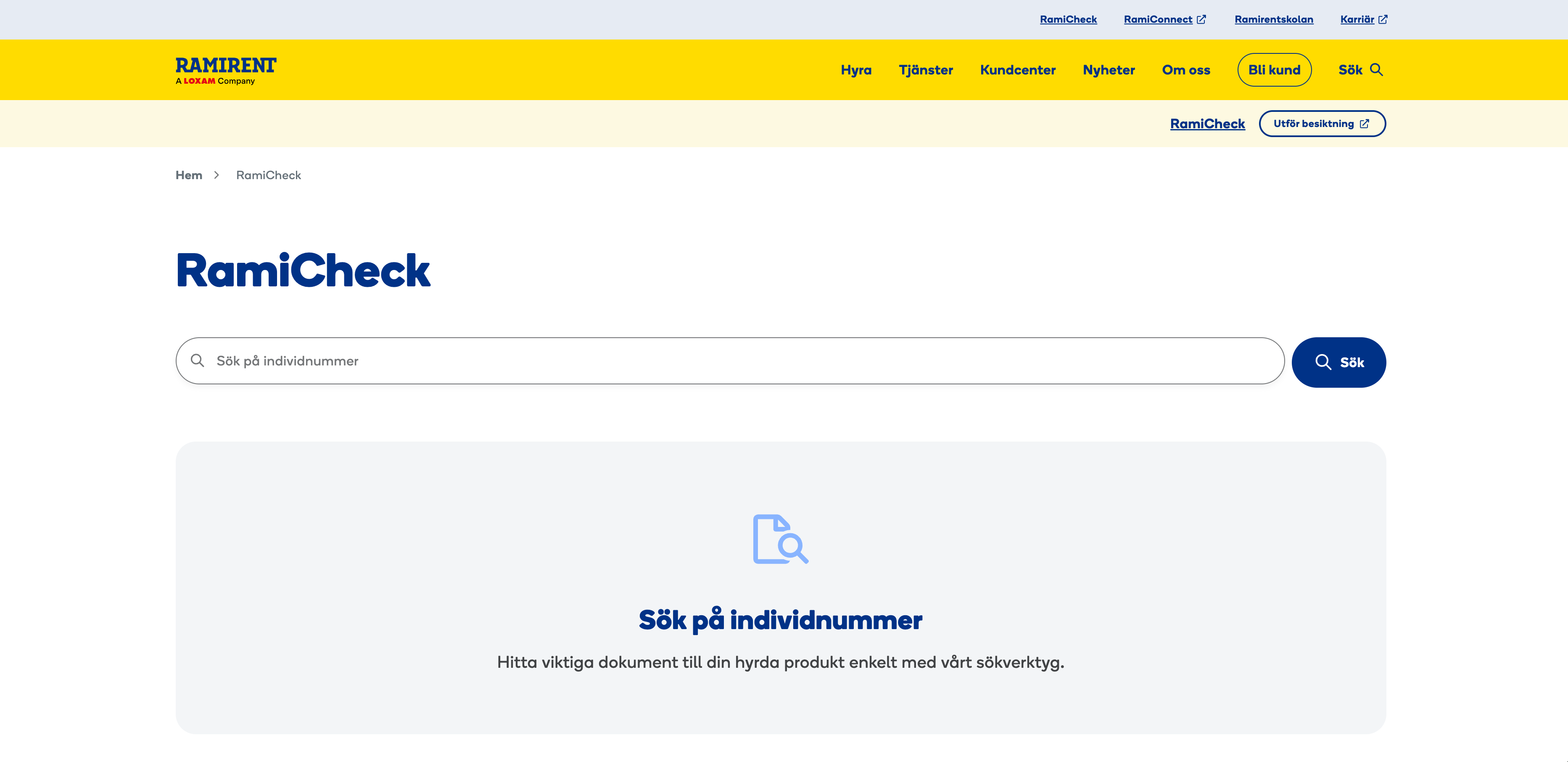 Använd RamiCheck sökverktyg för att snabbt hitta viktiga dokument och säkerhetsföreskrifter till din hyrda produkt genom att ange maskinens individnummer.