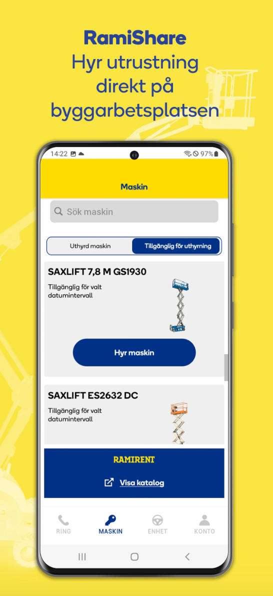Bild på appen RamiShare, digital uthyrningsppol för byggliftar
