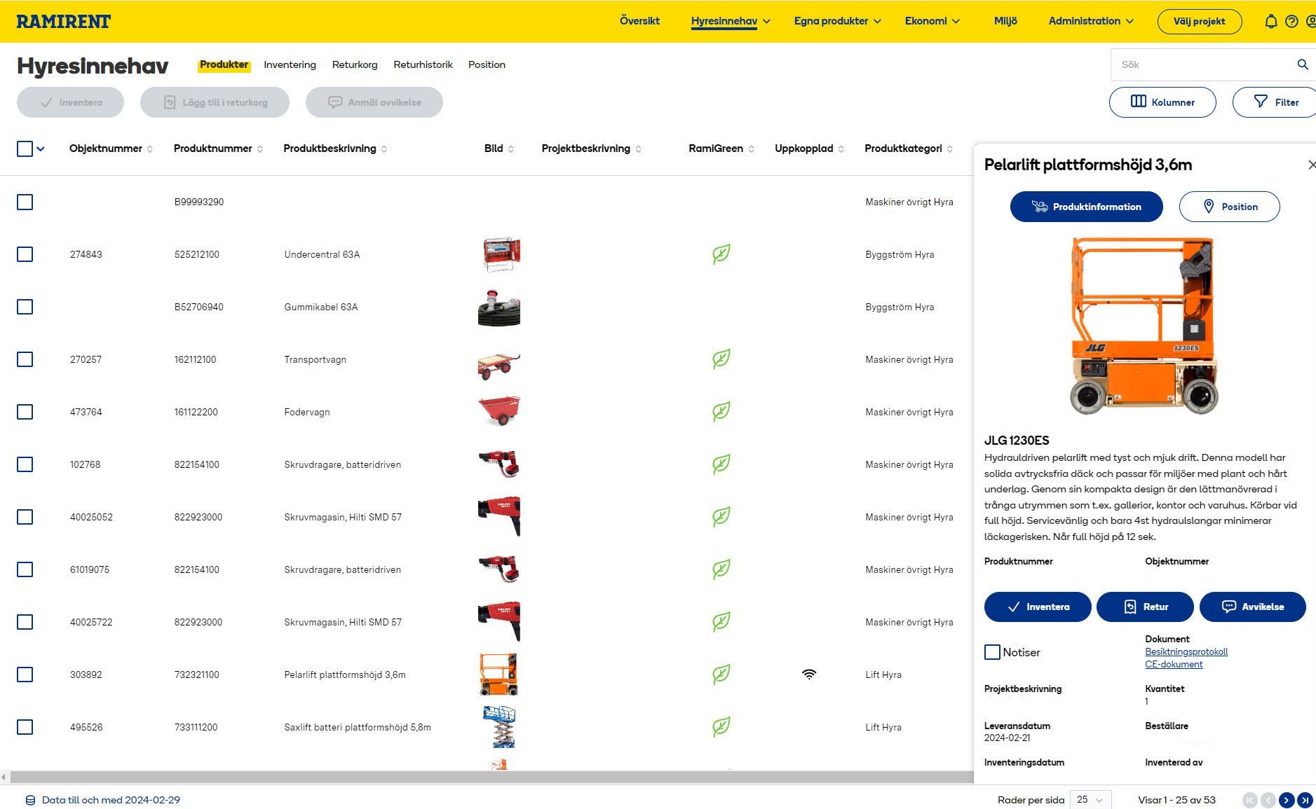 Skärmbild av RamiConnect: Listvy med hyresinnehav och detaljerad produktinformation (dokument, specifikation, inventeringsstatus).