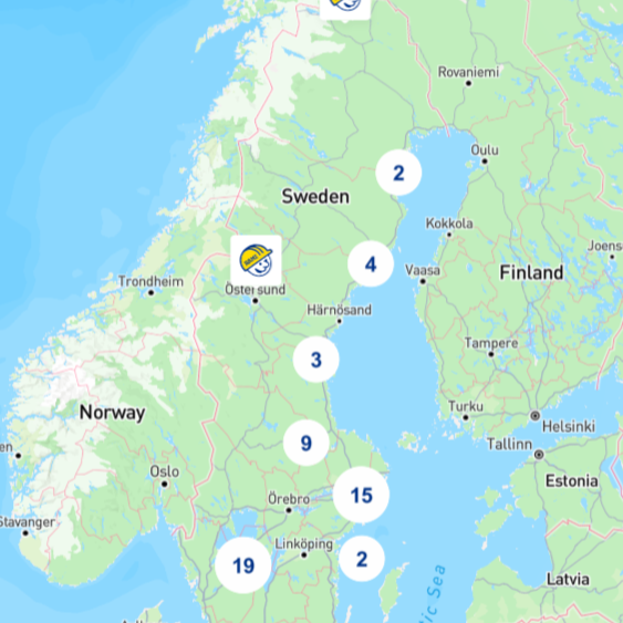 Karta över Ramirents kundcenter i Sverige.