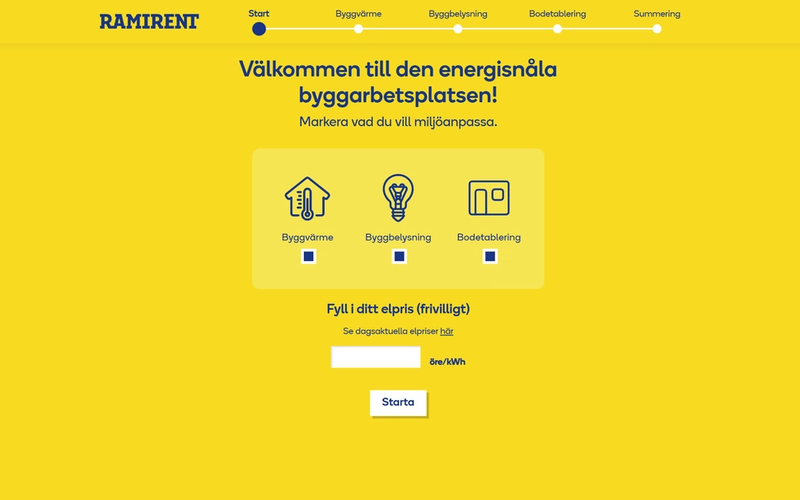 EcoSolve-verktyget från Ramirent som hjälper dig att beräkna besparingar och miljöanpassa ditt projekt genom optimerad byggvärme, belysning och bodetablering.