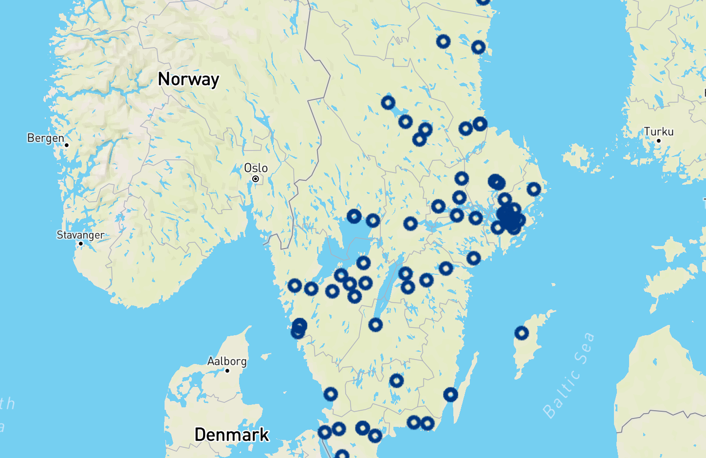 Smidig maskinuthyrning nära dig. Kartan visar Ramirents stora nätverk av uthyrningsställen för snabb service.