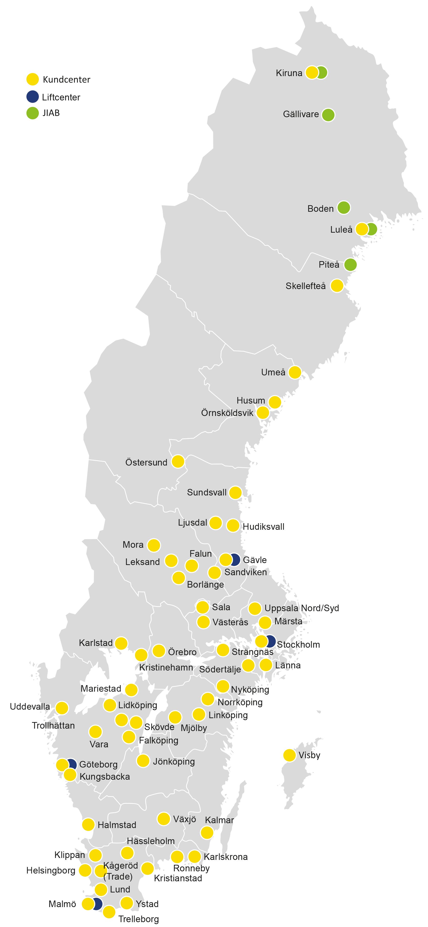 Karta över Sverige som visar Ramirents geografiska utbredning med positioner för Kundcenter och Liftcenter. Kontakta ditt närmsta kundcenter nu!