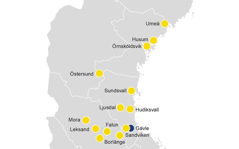Karta över Sverige som visar Ramirents geografiska utbredning med positioner för Kundcenter och Liftcenter. Kontakta ditt närmsta kundcenter nu!