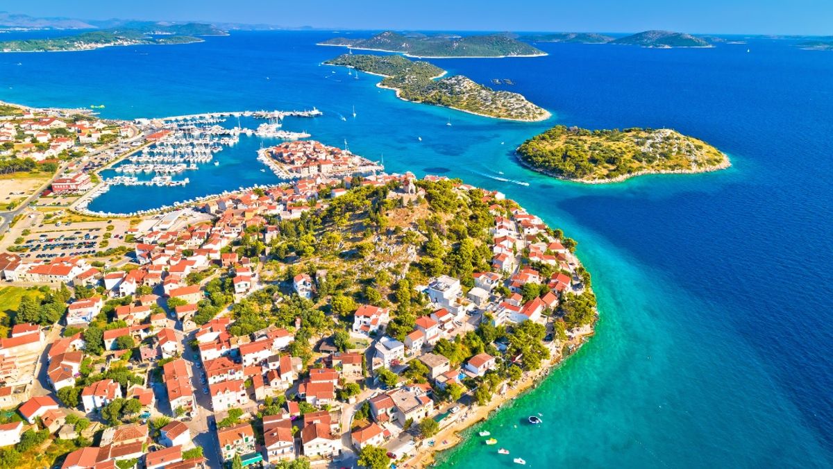 Old town of Tribunj and archipelago of central Dalmatia aerial view