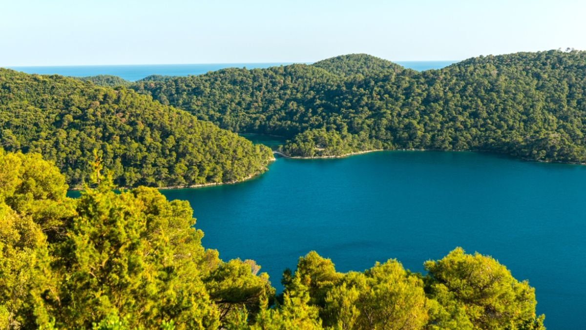 Panorama of Island Mljet from the rocks high up on sunny day